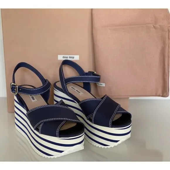 NIB $750 MIU MIU Women's Platform Wedge Blue Sandals 7.5 US (37.5 Euro) 5XZ441 - Picture 2 of 12